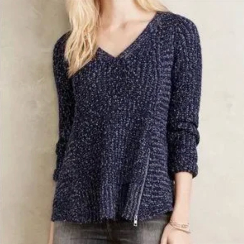 Anthropologie Moth Wool Blend Dark Blue Marled Chunky V-Neck Zipper Hem Sweater